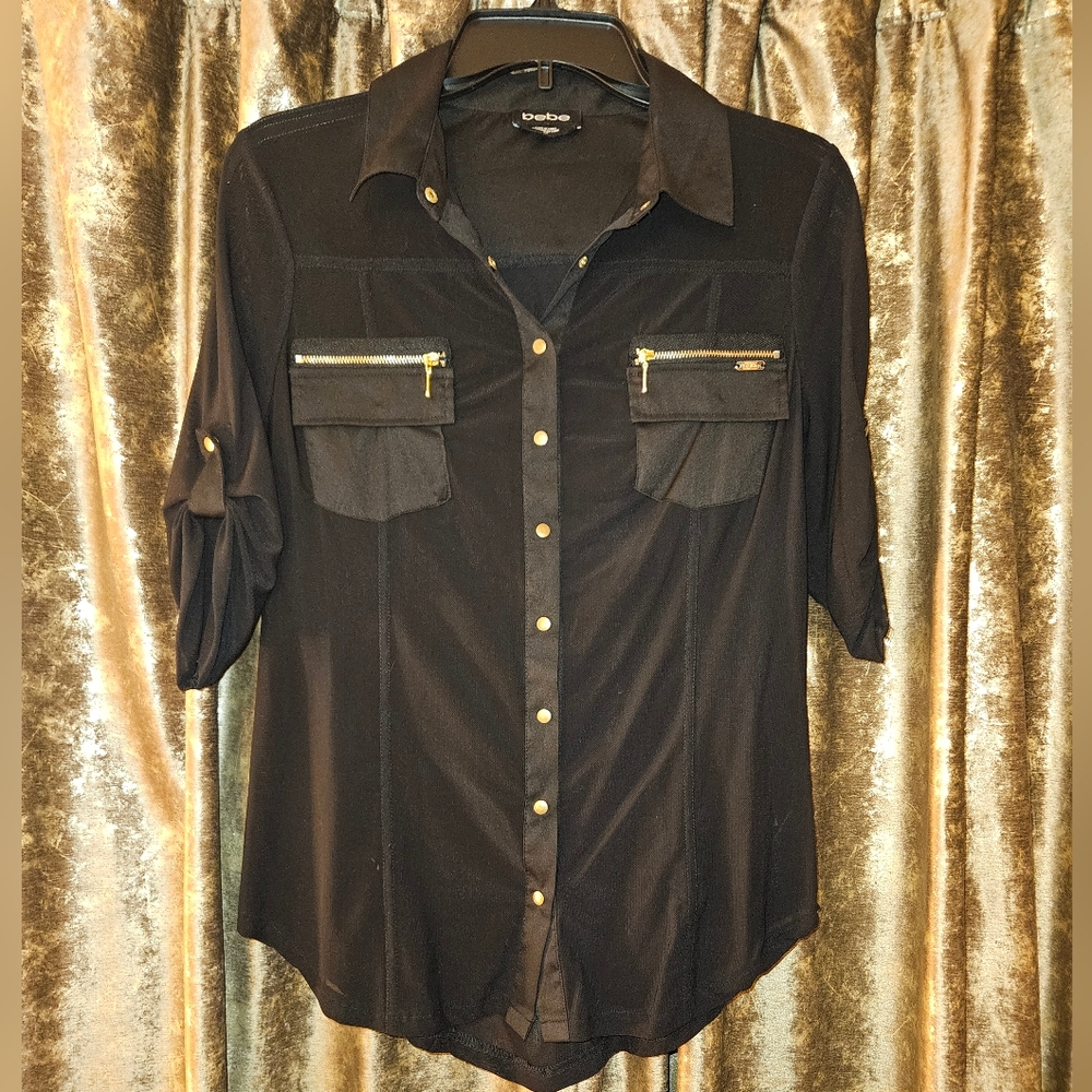 Bebe Black Button-Up Blouse with Gold Accents